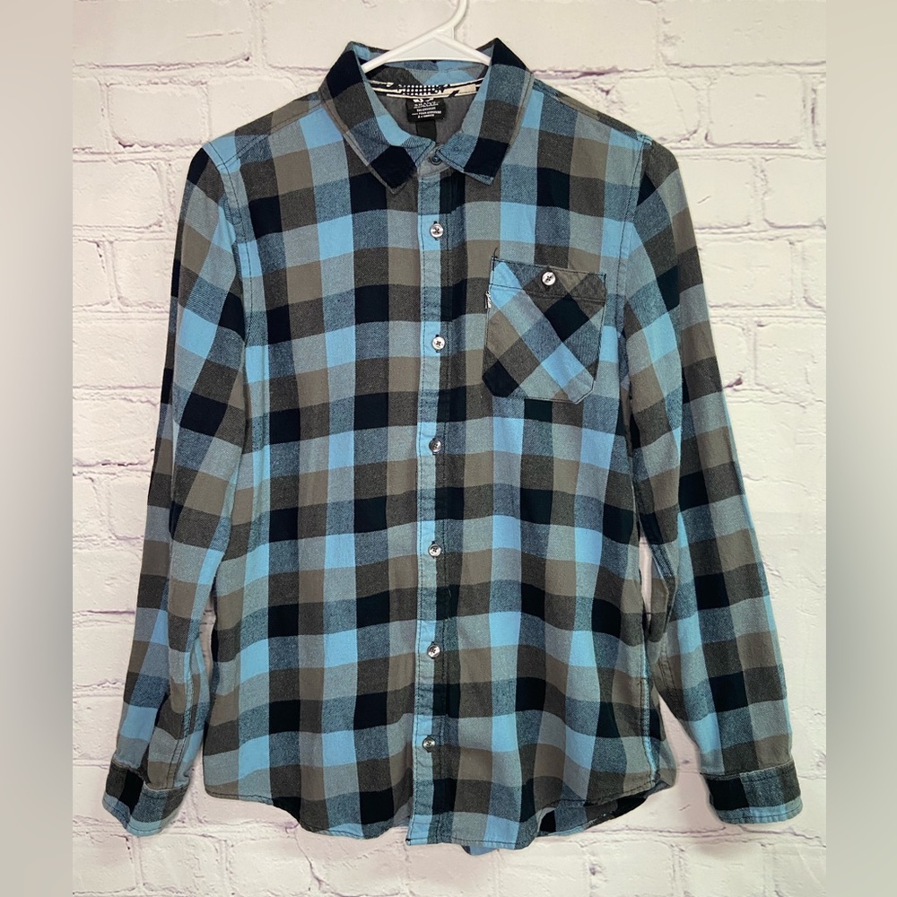 Shaun White Blue Plaid Long Sleeve Flannel Button Up Shirt w/Buttons and Pocket